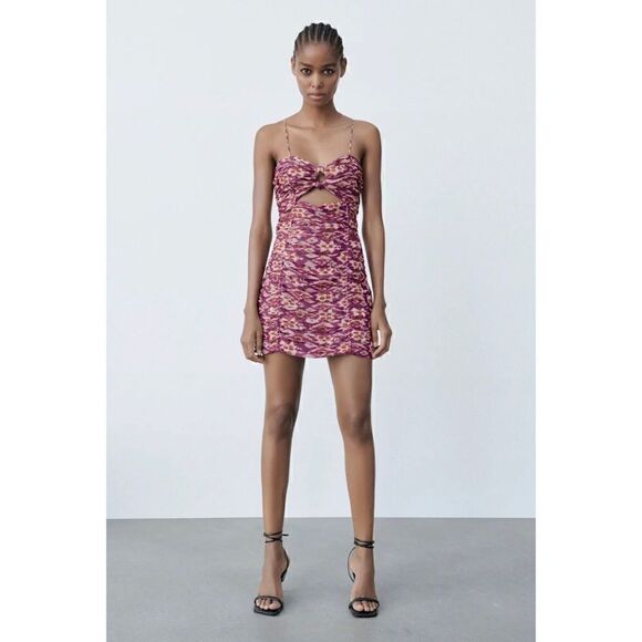 NWT Zara Blogger’s Favorite Chiffon Ruched Cutout Strappy Draped Mini Dress - Picture 2 of 16